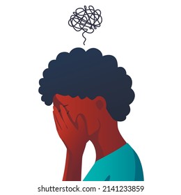 Anxiety, sad and depressed woman. Difficult life situation, headache, confusion. Females mood and health.