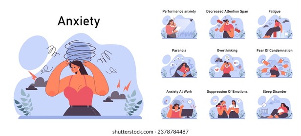 Anxiety set. Character mental health issues. Woman coping with psychological stress. Mental disorder emotional and physical symptom. Flat vector illustration