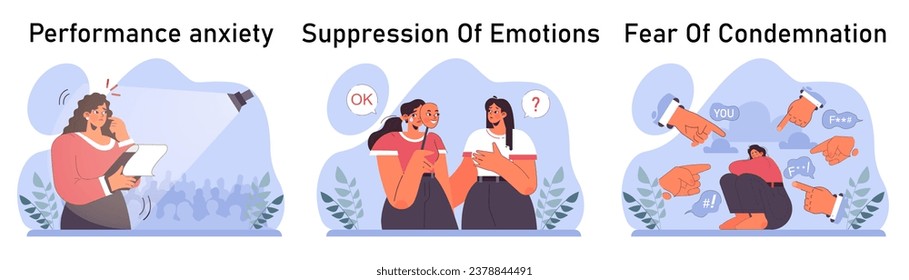 Anxiety set. Character mental health issues. Woman coping with psychological stress. Mental disorder emotional and physical symptom. Flat vector illustration