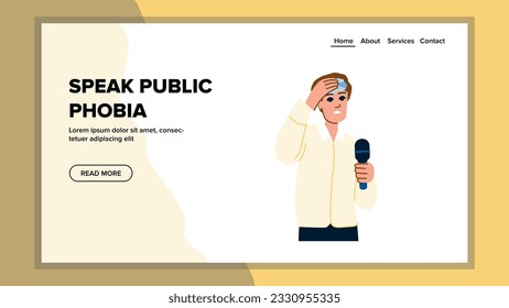 anxiety speak public phobia vector. er microphone, speech ing, stage shy anxiety speak public phobia web flat cartoon illustration