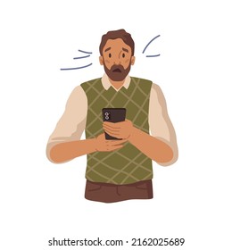 Anxiety, stress, bearded man shocked from bad news. Young unhappy worried male with smartphone in hands, upset guy reading message, flat cartoon character feeling panic and depression with something