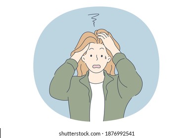 Anxiety, stress, Depression concept. Young unhappy worried female cartoon character standing, touching head with hands and feeling panic and depression with something vector illustration 