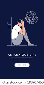 Anxiety, stress, mental illnesses banner. Young man with nervous problem feels anxiety, closing face. Mental disorder, psychological diseases concept. Modern flat cartoon design, vector illustration