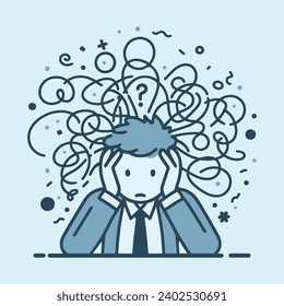 anxiety stress mind confused business man, depressed men suffer headache thoughts mental feelings, anxious silhouette line flat vector illustration cartoon character minimal scribble above face head