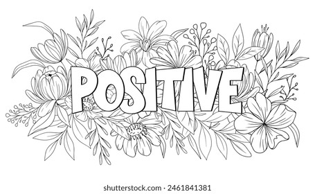 Página de libro para colorear para adultos de alivio de ansiedad y estrés con flores botánicas para la atención plena y la relajación. Fondo de Vector de arte de línea floral de primavera con texto motivacional. Dibujado a mano garabato para colorear.