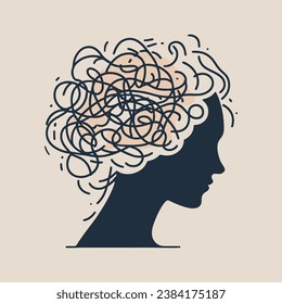 anxiety stressed confused and strain of head with round scribbles vector feeling and thoughts, unhappy human, headache, tension, anxiety, pain, feeling depressed anxious scared woman mental disorder