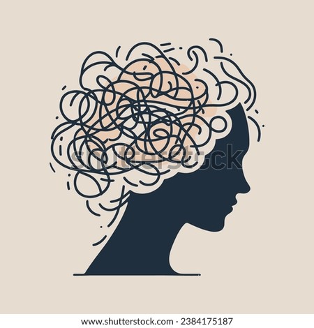 anxiety stressed confused and strain of head with round scribbles vector feeling and thoughts, unhappy human, headache, tension, anxiety, pain, feeling depressed anxious scared woman mental disorder