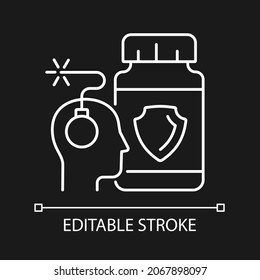 Anxiety supplements white linear icon for dark theme. Nutrients for better brain chemistry. Thin line customizable illustration. Isolated vector contour symbol for night mode. Editable stroke