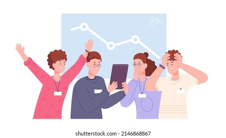 Anxiety team. Confusion people, scared worker think about fail business doubts work mistake, question communication worry group employee business error vector illustration. Stress, panic and anxiety