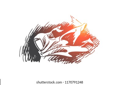 Anxiety thoughts, hijab, idea, Islam concept. Hand drawn woman in hijab has anexiety thoughts. Birds as symbol of thoughts concept sketch. Isolated vector illustration.