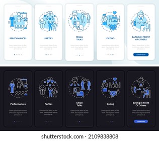 Anxiety triggers night and day mode onboarding mobile app screen. Health walkthrough 5 steps graphic instructions pages with linear concepts. UI, UX, GUI template. Myriad Pro-Bold, Regular fonts used
