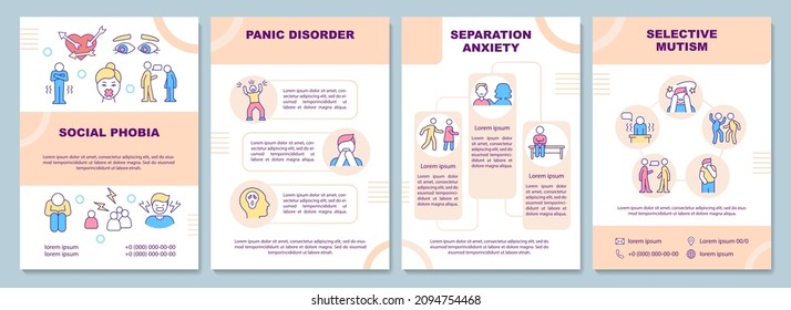 Anxiety types beige brochure template. Mental disorder. Booklet print design with linear icons. Vector layouts for presentation, annual reports, ads. Arial-Black, Myriad Pro-Regular fonts used
