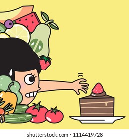 Niña que vigila el peso teniendo un día para comer. Niña Dieta Ignorando Frutas Saludables Verduras Y Tratando De Llegar Al Pastel De Capa De Chocolate En Lugar De Concepto Imagen De Carácter De Tarjeta