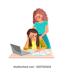 Anxiety Woman Couple Working At Laptop Vector. Sad Anxiety Woman Sitting At Office Table With Closed Eyes And Colleague Making Soothing Massage. Characters Flat Cartoon Illustration