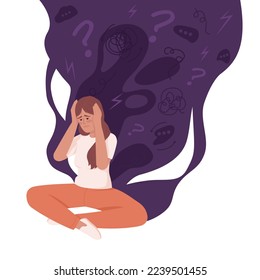 Ilustración vectorial de concepto plano de la mujer de ansiedad. Mujer abrumada. Cuestiones mentales. Caricatura 2D editable sobre blanco para diseño web. Frustración idea creativa para sitio web, móvil, presentación