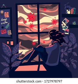 Anxiety Woman Looking Toward The City Being Attacked By A Virus Pandemic. Vector Illustration Of Stay At Home, Self Quarantine Or Lockdown During Corona Virus Epedemic