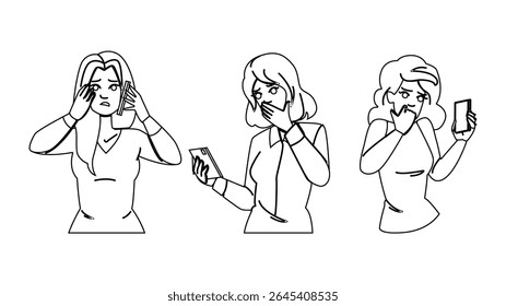 anxiety woman phone fear vector. harassment safety, privacy vulnerability, danger protection anxiety woman phone fear character. people black line pencil drawing illustration