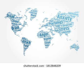 Angstwortwolke in Form von Weltkarte, Hintergrund des Gesundheitskonzepts