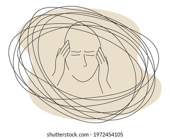 Anxiety - young depressed person in thin line holding head. Sad lonely character in depression. Stress and emotion concept. Vector illustration