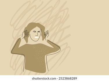 Anxiety - young depressed person in thin line holding head. Sad and angry character in depression. Stress and emotion concept. Vector illustration