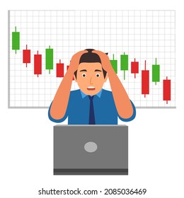 Anxiety young man trader looking at stock market candle sticks graph indicator on computer screen in flat design on white background.