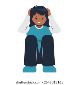 anxious african woman holding head looks anxious and scared. front view, mental pressure concept