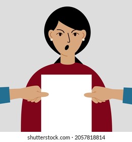 An anxious and angry woman holds a sheet of paper. Blank paper space for text. Colored flat vector illustration. The woman is anxious and angry