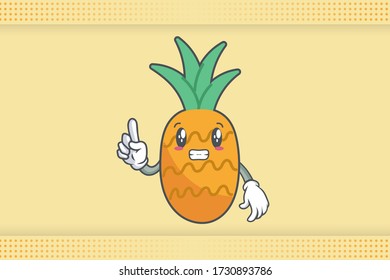 ANXIOUS, anxiously, anxiousness Face Emotion. forefinger Hand Gesture. Pineapple Fruit Cartoon Drawn Mascot Illustration.