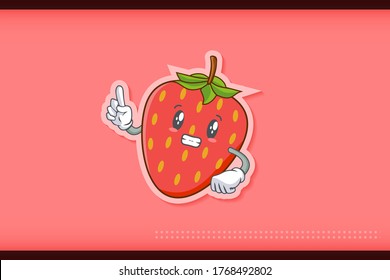 ANXIOUS, anxiously, anxiousness Face Emotion. Forefinger Hand Gesture. Red Strawberry Fruit Cartoon Drawing Mascot Illustration.