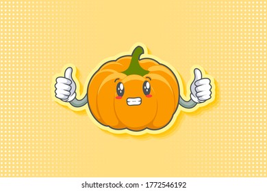 ANXIOUS, anxiously, anxiousness Face Emotion. Double Thumb Up Hand Gesture. Yellow, Orange Pumpkin Fruit Cartoon Drawing Mascot Illustration.