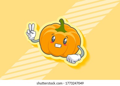 ANXIOUS, anxiously, anxiousness Face Emotion. Peace Hand Gesture. Yellow, Orange Pumpkin Fruit Cartoon Drawing Mascot Illustration.