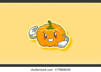 ANXIOUS, anxiously, anxiousness Face Emotion. Salute Hand Gesture. Yellow, Orange Pumpkin Fruit Cartoon Drawing Mascot Illustration.