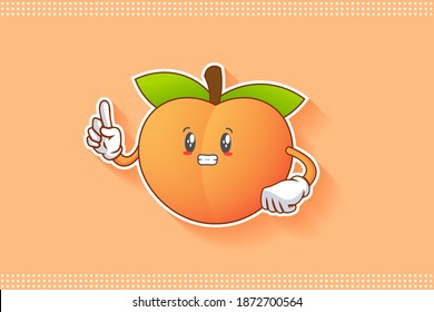 ANXIOUS, ANXIOUSLY, ANXIOUSNESS Face Emotion. Forefinger Hand Gesture. Peach Fruit Cartoon Drawing Mascot Illustration.