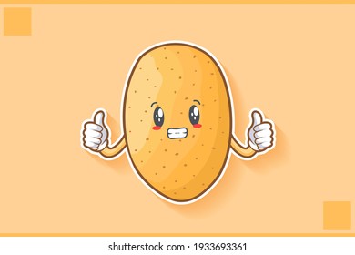 ANXIOUS, ANXIOUSLY, ANXIOUSNESS Face Emotion. Double Thumb Up Gesture. Potato Vegetable Character Cartoon Drawing Mascot Illustration.