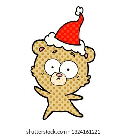 anxious bear hand drawn comic book style illustration of a wearing santa hat
