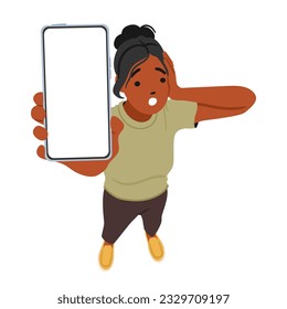 Un Ansioso Personaje De Mujer Negra Sostiene El Smartphone, Con La Cara Mostrando Conmoción Al Mostrar La Pantalla, Capturando Un Momento De Sorpresa E Incredulidad. Ilustración de vectores de personas de caricatura