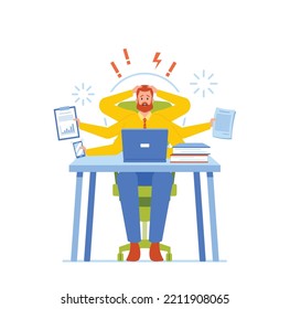 Anxious Business Man With Many Arms Sitting At Laptop In Office Doing Many Tasks At the Same Time. Worker Multitasking Skills, Deadline, Time Management Concept. Cartoon People Vector Illustration