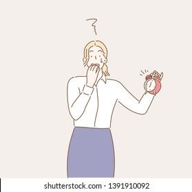 Anxious business woman holding alarm clock. Hand drawn style vector design illustrations.