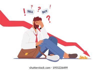 Anxious Businessman Character Sitting near Drop Arrow Chart Thinking Buy or Sell Bonds and Currency during Bear Stock Market Crisis. Trader Searching Financial Solution. Cartoon Vector Illustration