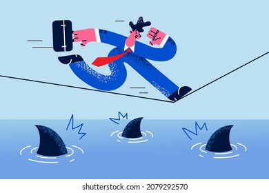 Anxious businessman run on thin rope with sharks underneath involved in risky business project. Scared man employee engaged in risk or challenge at work, feel in danger. Flat vector illustration. 