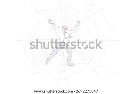 Anxious businessman trapped in spider web. Worried unhappy employee caught in debt burden. Risk business concept. Dangerous project. Flat vector illustration, cartoon character.