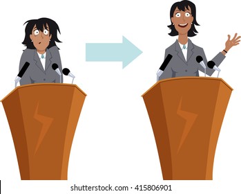 Anxious Businesswoman Character Before And After Public Speaking Training, EPS 8 Vector Illustration