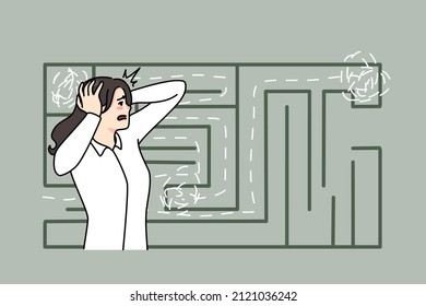 Anxious businesswoman confused of finding way in labyrinth. Worried unhappy scared woman frustrated by quest way, looking for solution or solving problem. Flat vector illustration. 