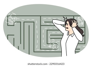 Anxious businesswoman confused of finding way in labyrinth. Worried unhappy scared woman frustrated by quest way, looking for solution or solving problem. Flat vector illustration.