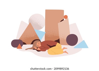 Anxious depressed person with fear of life troubles. Depression and anxiety, psychological concept. Unhappy sad woman ignore problems, do nothing. Flat vector illustration isolated on white background