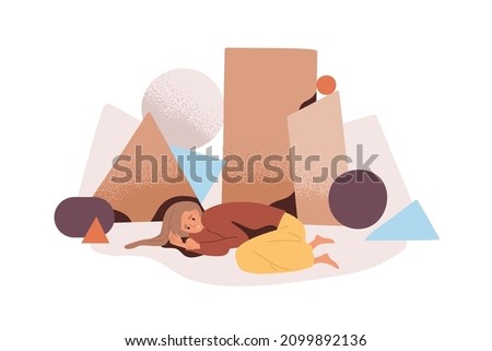 Anxious depressed person with fear of life troubles. Depression and anxiety, psychological concept. Unhappy sad woman ignore problems, do nothing. Flat vector illustration isolated on white background