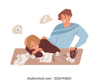 Anxious depressed woman with work and creativity crisis, and friend cheering and supporting her. Exhausted tired person in despair. Psychological concept. Flat vector illustration isolated on white