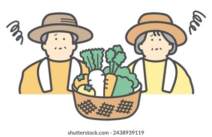 Anxious elderly couple working at a farm harvesting vegetables