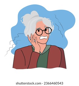 Anxious elderly woman feels distressed, worried, suffers from panic attack or anxiety. Unhappy and unwell woman struggles with depression or mental problems. Concept of psychological instability.