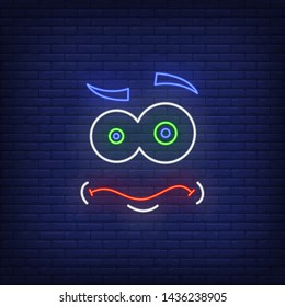 Anxious emoticon neon sign. Face expression, confusion, emotion design. Night bright neon sign, colorful billboard, light banner. Vector illustration in neon style.